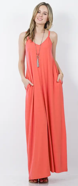 Comfy Coral Adjustable Strap Maxi Dress w/ Pockets